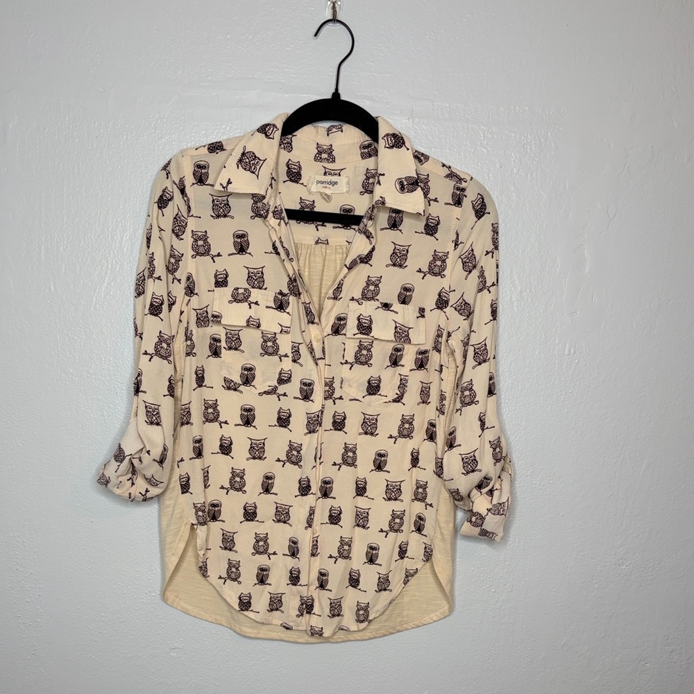 Porridge by Anthropologie Womens owl print Button-Up Blouse